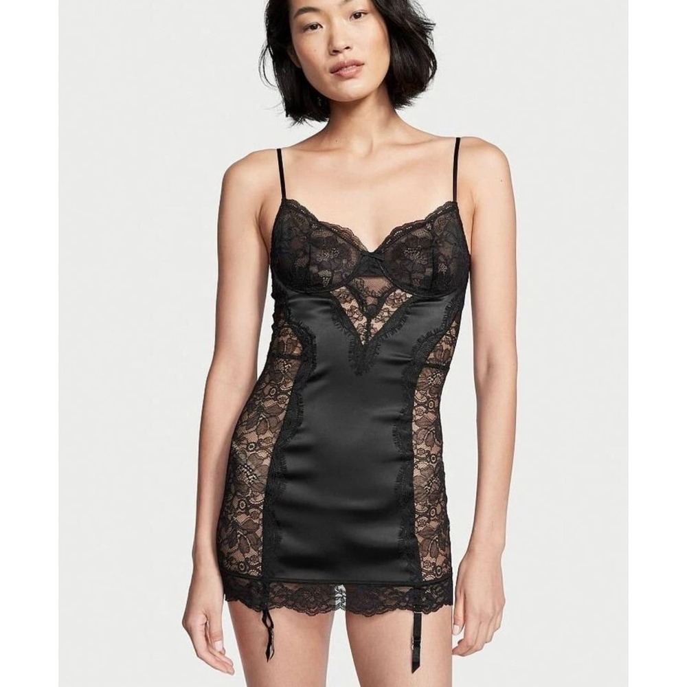 Victoria's Secret Lace Satin Garter Slip Chemise Dress Black Womens XL Romantic